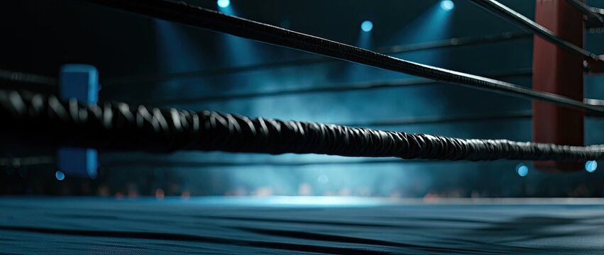 Dark boxing ring with ropes, blue spotlights, and hazy atmosphere