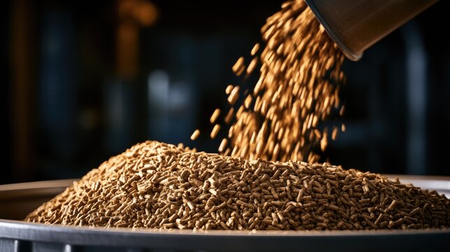 Grains cascade from a metal chute into a large pile of textured pellets