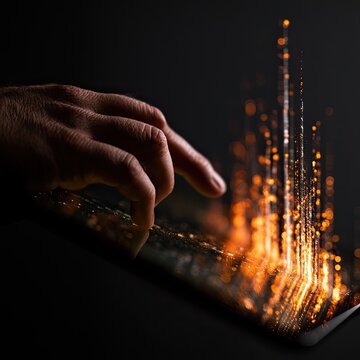 Human finger touching a tablet screen emitting glowing energy particles