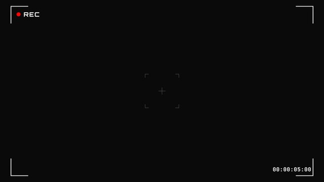 Camera viewfinder record overlay with blinking red dot and running digital timecode on black screen for video production