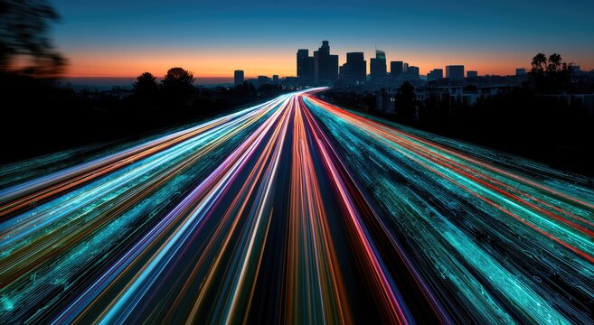 Streaking lights illuminate a highway leading to a city skyline at dusk