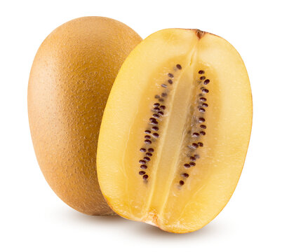 A whole and sliced yellow guava fruit isolated on a white background