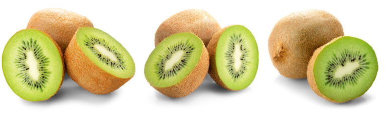 Obraz premium Kiwi fruit halves and whole fruits isolated on a white background
