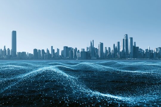 Futuristic cityscape on a digital ocean, city skyline in background, glowing network