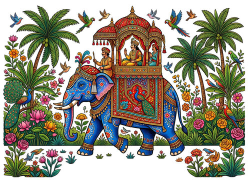 Colorful elephant procession with riders in decorative Indian festival setting isolated on transparent background for festive cultural design. Ai Generated