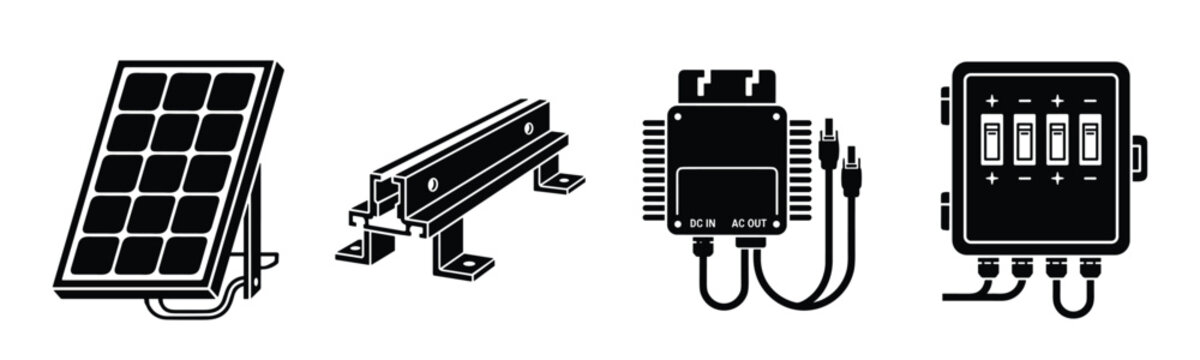 Solar energy system components vector icons with panel inverter and electrical fuse box.