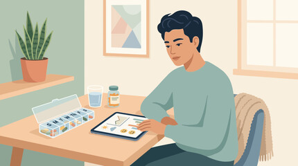 Fototapeta premium Man using tablet for medication management, pill organizer and water on table.