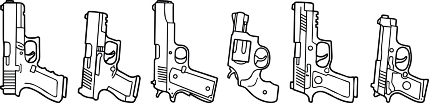 Handgun and Pistol Line Icon Set Featuring Vertical Revolver and Semi Automatic Firearms Vectors for Security Defense and Tactical Military Graphic Designs