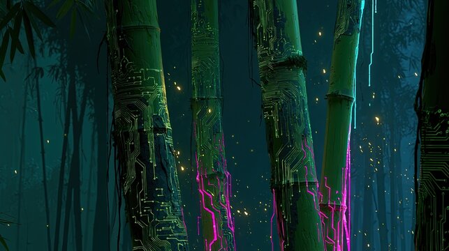 Bioluminescent circuit patterns illuminate a dark, misty forest of digital bamboo