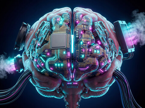 A futuristic brain-processor with microchips, cables, and superheated steam.