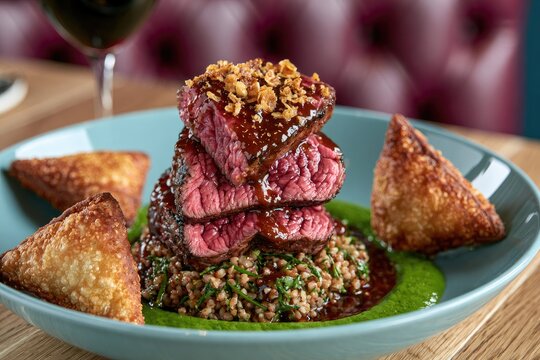 Succulent steak slices stacked high with grains, green puree, and crispy bites