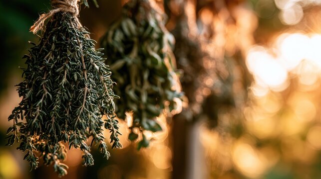 Bunches of dried herbs hanging with soft, warm light filtering through