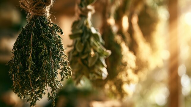 Bunches of dried herbs hang from a rustic structure, bathed in warm light