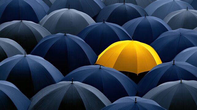 A single bright yellow umbrella stands out amongst many dark blue ones