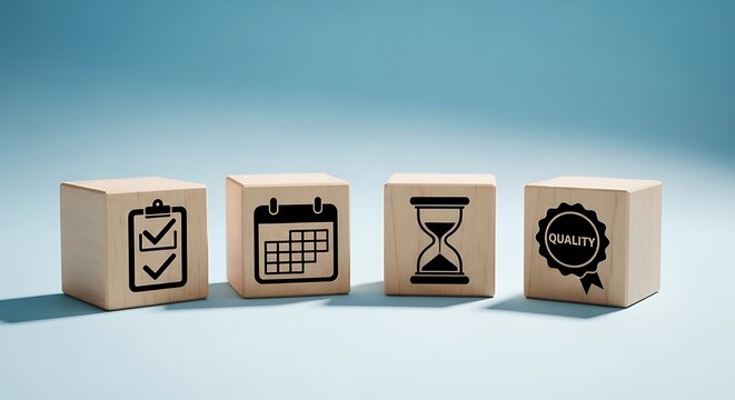 Wooden blocks with icons for checklist, calendar, hourglass, and quality seal, blue background