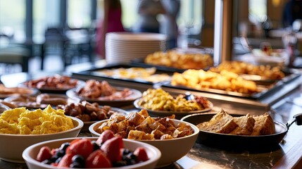 Obraz premium Abundant breakfast buffet spread with fresh fruits and cooked dishes