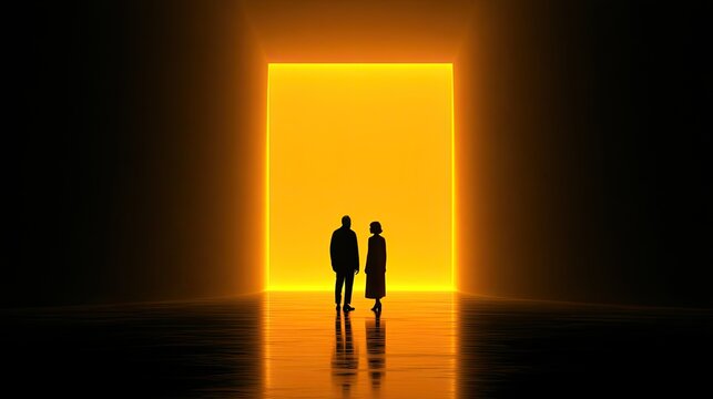 Two silhouettes stand before a glowing golden doorway in a dark space