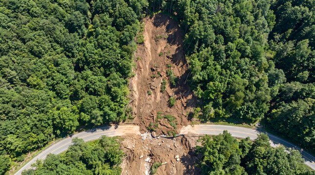 Aerial View of a Brown Landslide Scar Cutting Down a Forested Hillside Showing Natural Disaster