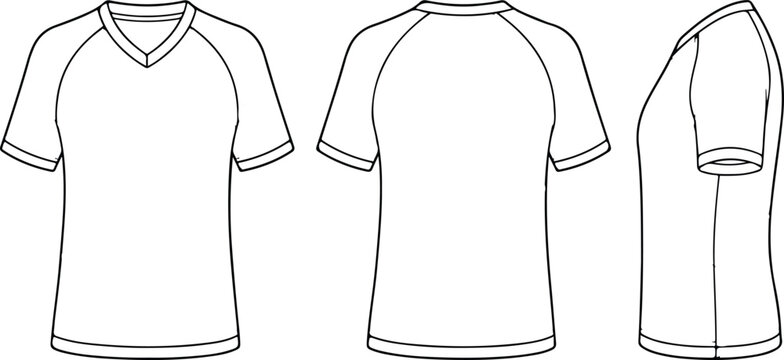V‑neck and crew‑neck raglan T‑shirt front back and side view vector illustration showing apparel design concept for fashion template