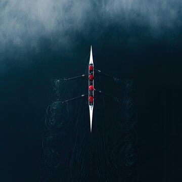 Aerial view of a crew team rowing in unison across dark, rippling water