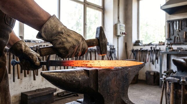 Gloved Hands Hammering a Glowing Hot Sword Blade on an Anvil as Craftsmanship Metaphor