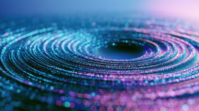 Swirling vortex of illuminated particles creates a cosmic, futuristic, digital art display