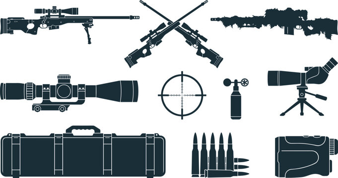Military Sniper Rifle and Long Range Precision Shooting Silhouette Icon Set with Crosshair Scope Hard Case Anemometer Camouflage and Bullets Vectors