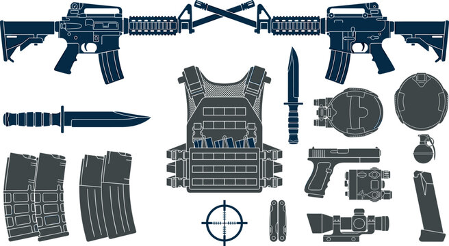 Military Tactical Combat Gear and Weapon Silhouette Icon Set Featuring Assault Rifles Body Armor Plate Carrier Pistol Grenade Helmets and Knives Vectors
