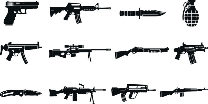 Military Weapons and Tactical Combat Gear Solid Silhouette Icon Set Featuring Assault Rifles Handguns Shotguns Grenades and Combat Knives Vectors for Gaming UI