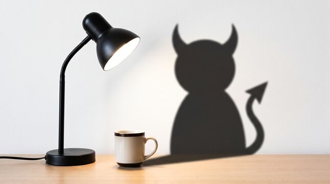 Desk Lamp and Mug Casting a Devil Silhouette Shadow as Everyday Temptation Metaphor