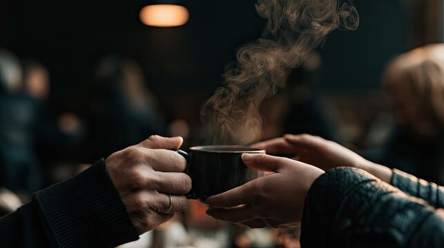 Close-up of hands sharing a steaming cup of dark beverage, warm and inviting