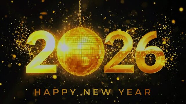 Golden disco ball celebrating new year 2026 with sparkling fireworks effect