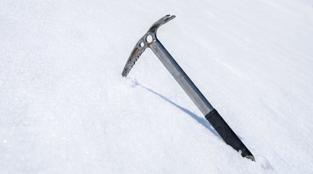 Single Ice Axe Driven Firmly Into a Snow Slope Showing Perseverance and Commitment