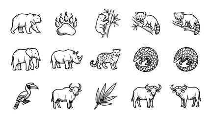 Collection of Exotic Wild Animals Hand-Drawn Sketch Style Icons © capi