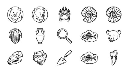 Fossil Icon Set: Bears, Fossils, Tools, Ancient Artifacts - Vector Line Art © capi