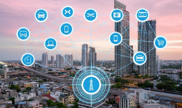 Connected urban cityscape with digital icons and network lines
