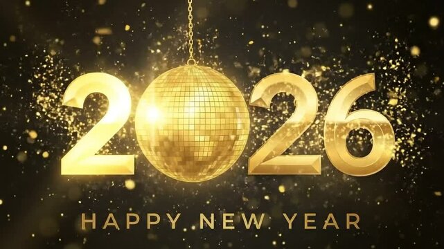 Golden disco ball celebration design for happy new year 2026 greeting card