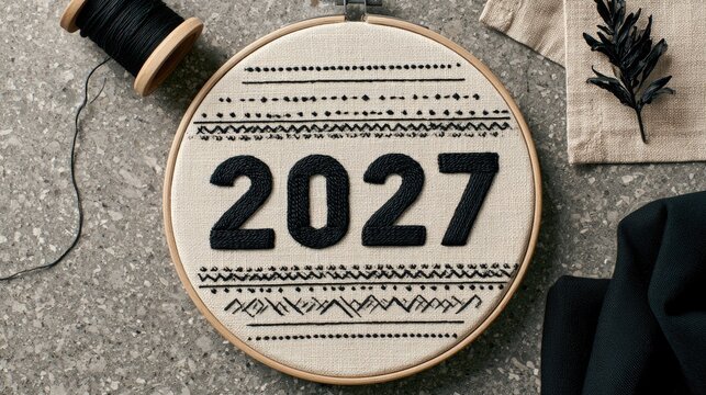 Hoop art with year 2027 stitched on fabric with geometric patterns