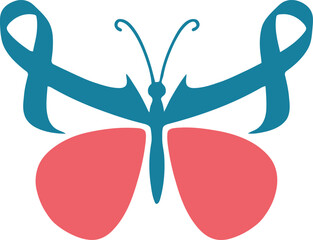 Naklejka premium Butterfly silhouette with ribbon wings teal and coral awareness symbol