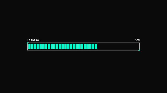 Retro 8-bit loading bar with cyan pixel blocks filling horizontally from zero to hundred percent on black background.