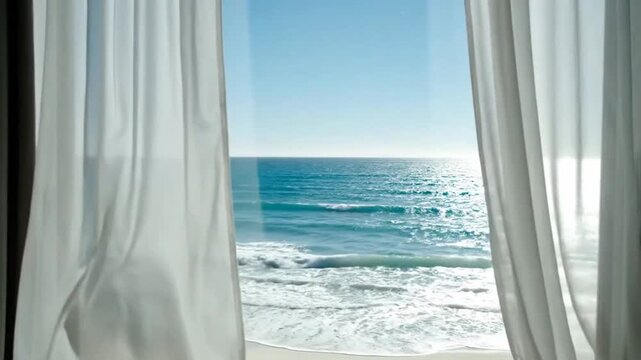Tropical Beach View Through Open White Curtains in Luxury Hotel Room