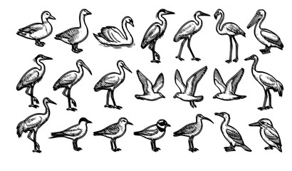 Obraz premium Waterfowl and Coastal Seabird Line Art Icon Collection Featuring Duck Swan Flamingo Pelican Heron and Flying Seagulls for Marine Biology Layouts and Nature Fabric Designs