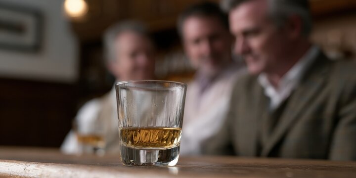 Whiskey glass on a rustic wooden bar with three blurred men in the background, suggesting a social gathering or business meeting in a relaxed pub or lounge setting.