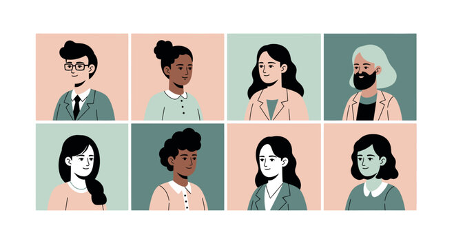 People portraits displayed in a grid represent diversity and corporate team building within a modern professional environment.