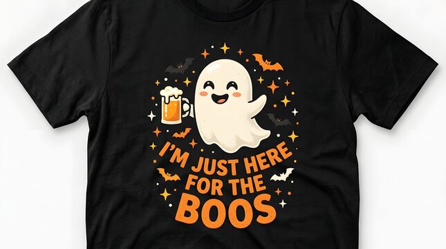 Halloween tshirt design with a cute ghost holding a beer mug and the text im just here for the boos