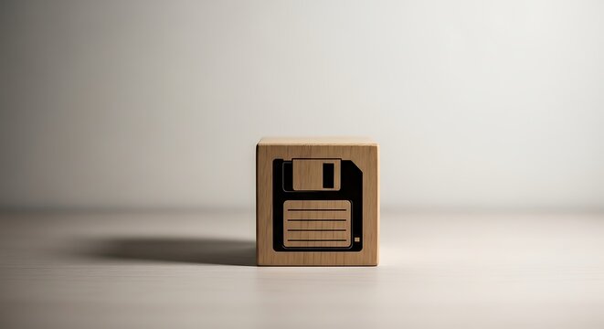 Wooden cube with engraved floppy disk icon, centered on a light surface, against white