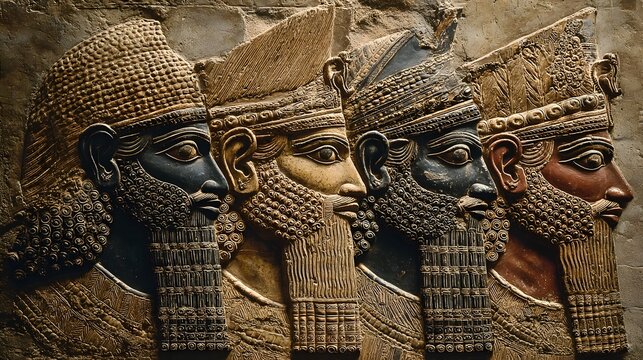 Ancient Mesopotamian stone relief mural depicting a row of four rulers with stylized beards and crowns in profile.