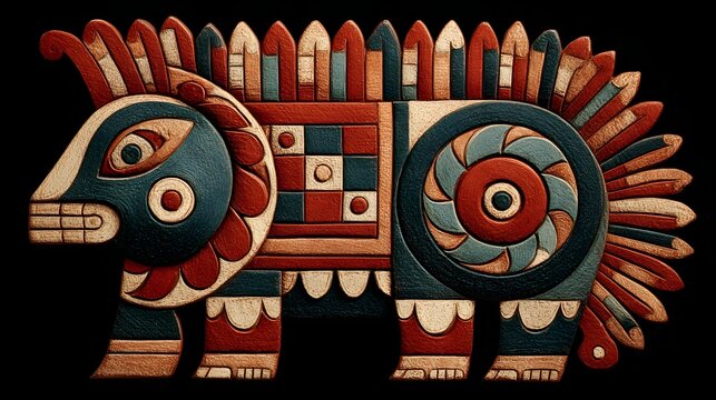 Stylized Indus Valley inspired animal seal artifact pattern with colorful geometric shapes on a black background.