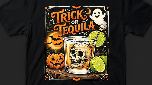 Trick or tequila halloween cocktail with skull and pumpkin