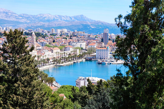 Scenic viewpoints of Split old town, Riva harbour and Adriatic sea from Marjan Hill in Split, Croatia